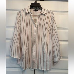 Roz & Ali White, Pink, and Black Stripe V-Neck Button Up Slit Sleeve with bow